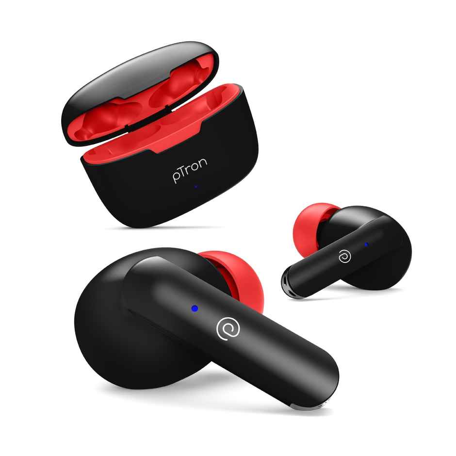pTron Bassbuds Duo TWS Earbuds | Stereo Calls | 32H Playtime | Stereo Sound & Type C Charging - Black/Red