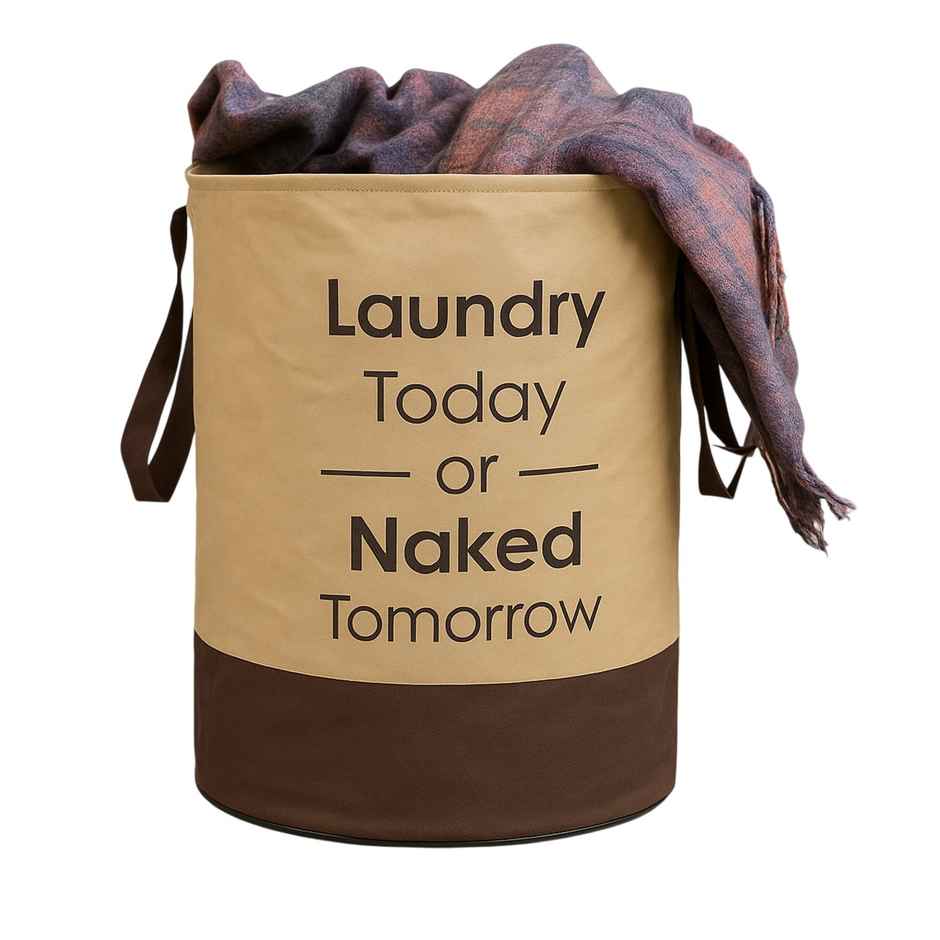 Kuber Industries Foldable Bin & 45 Liter Waterproof Round Non Wovan Laundry Bag (Beige & Brown)