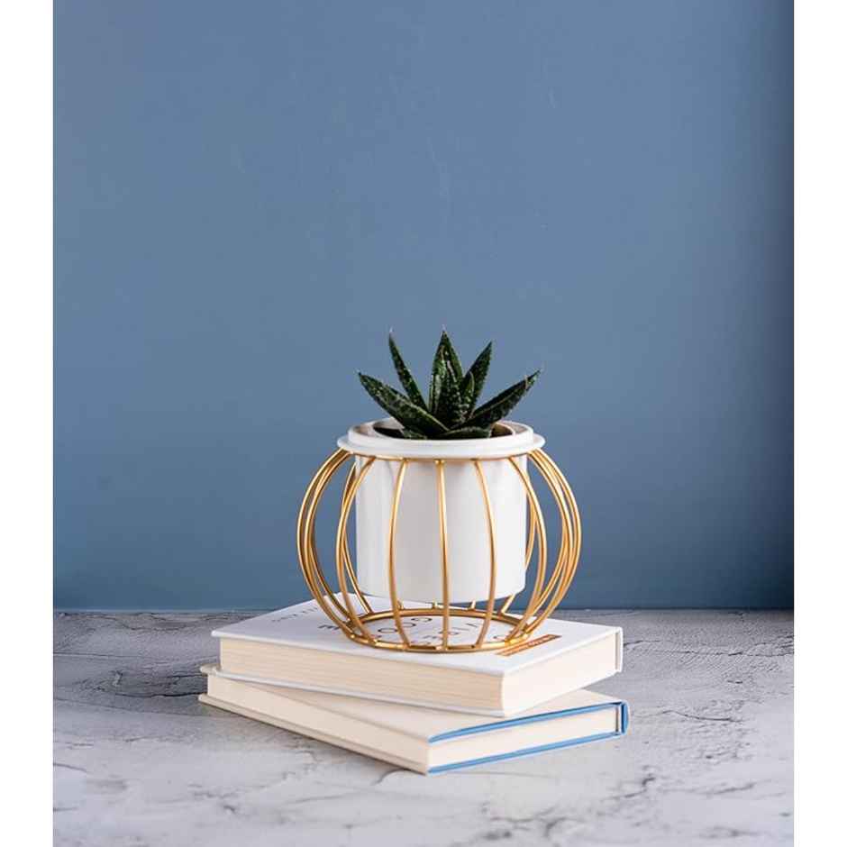 Nurturing Green - Gold Metal Planter Stand for Home Decor | Style: Round | Size: 6Inch x 4.5Inch