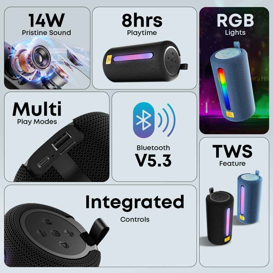 pTron Fusion Buzz 14W Bluetooth Speaker With 8 Hours Playback | RGB Leds | Type-C Charging | Black