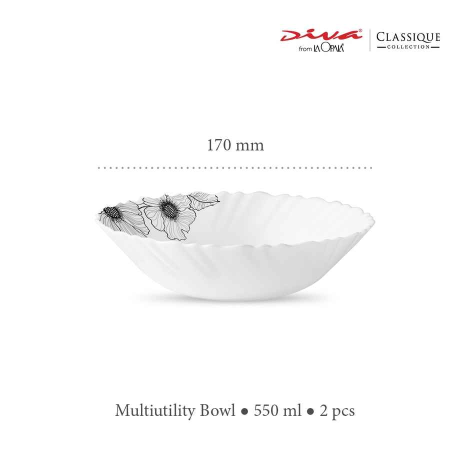 La Opala Diva Classique Multiutility Bowl Set of 2 | Opal Glass Bowl for Gifting - White