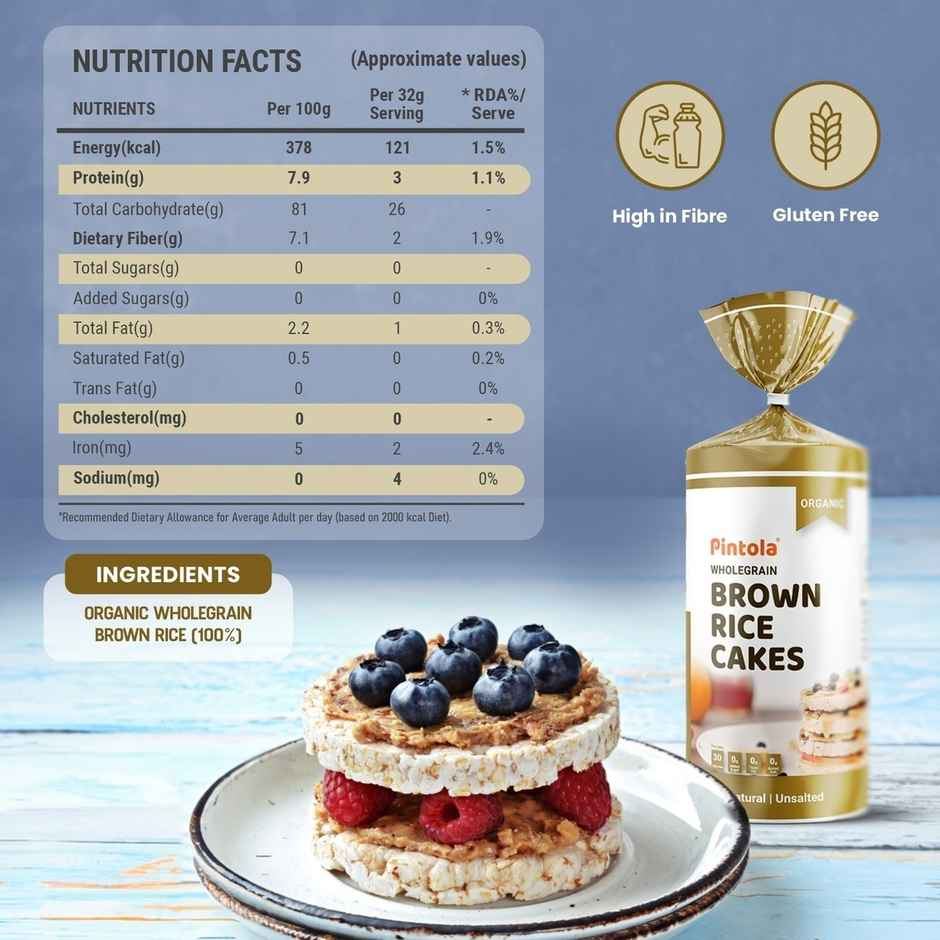 Pintola Organic Wholegrain Brown Rice Cakes Unsalted | Snack Essential