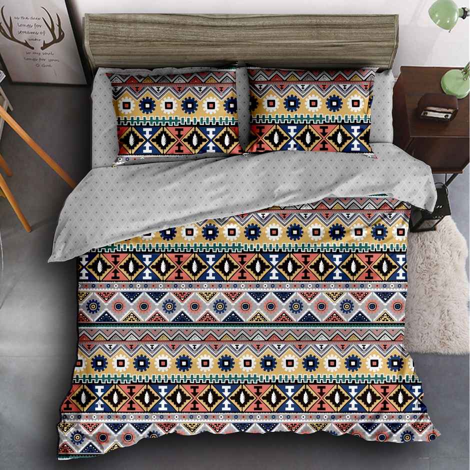 Story@home 240 TC Microfiber Double Printed Flat Bedsheet Beige & Grey | Aztec