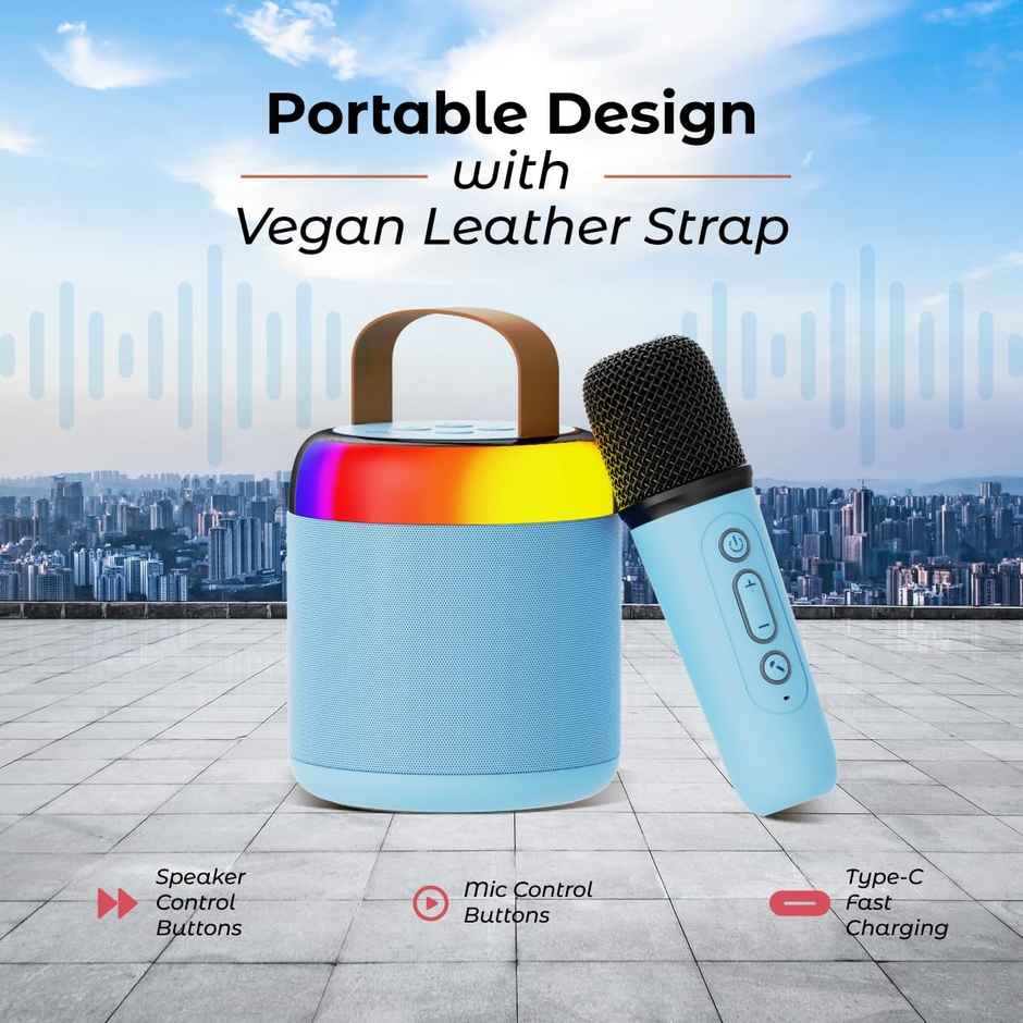 pTron Fusion Bliss 16W Bluetooth Speaker | Wireless Karaoke Mic | RGB Lights | 6hrs Playtime - Blue