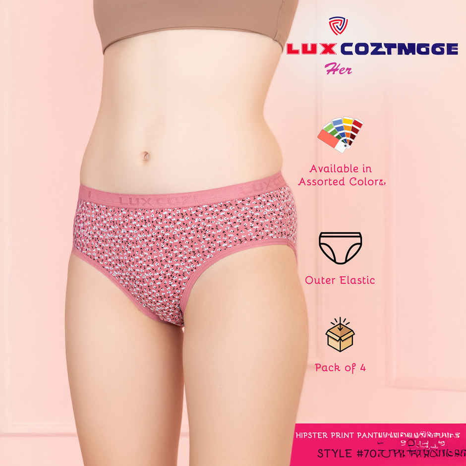 Lux Cozi Her Pure Cotton Hipster Printed Panty | Multicolor | Size-95 | Pack Of 4