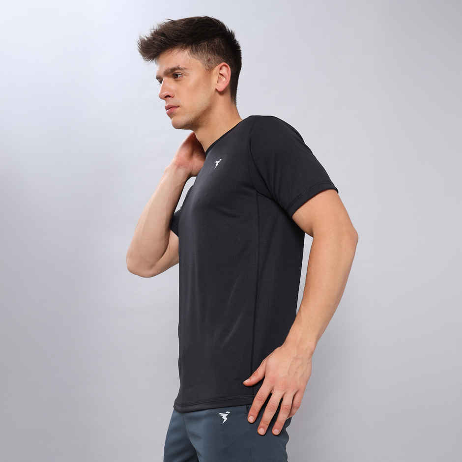 Technosport Men's Poly Solid Slim Fit Round Neck Sports T-shirt | Black - 2XL