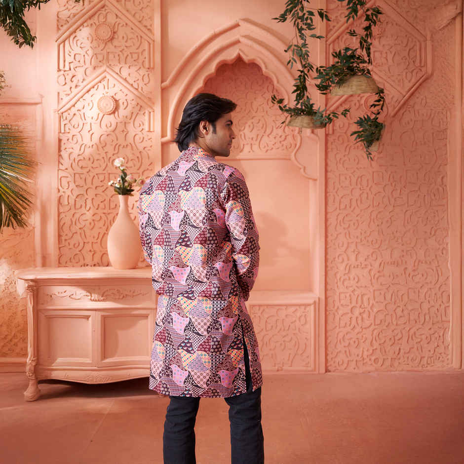 House Of Festivals Men's Printed Cotton Blend Long Kurta | Multicolor - XL