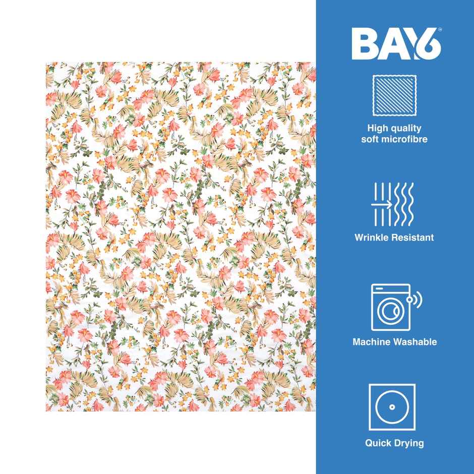 BAY6 Double 110 GSM Floral Print Microfibre Bedsheet | With 2 Pillow Covers | Off White | 87 x 94in