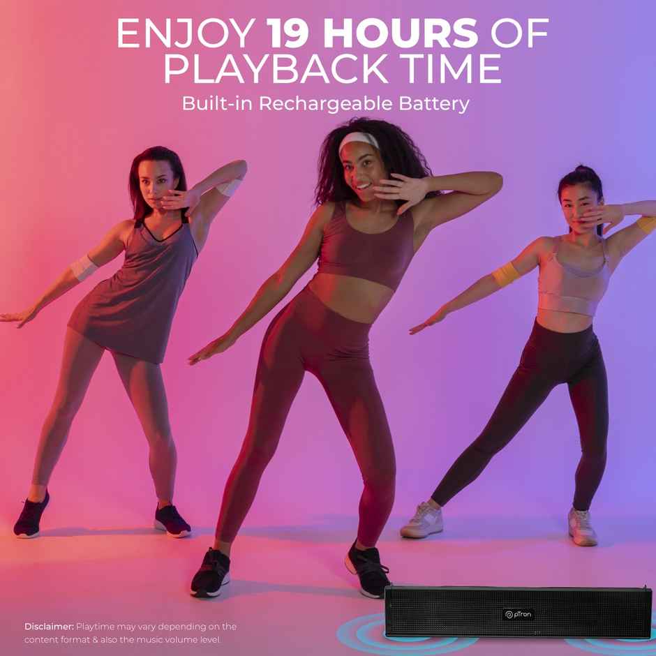 pTron Fusion Wave 16W Mini Bluetooth Soundbar w/ 19 Hrs Playback, Mini Wireless Soundbar for Phone/TV/Laptop/Tablets/Projectors, BT5.0/Aux/TF Card/USB Drive Playback & TWS Function - Black