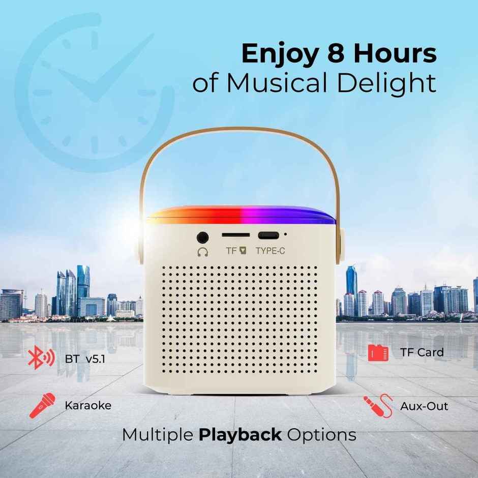 Fusion Tunes Bluetooth Speaker | 10W Output | Wireless Karaoke Mic | RGB Lights | 8 Hrs Playtime | Cream
