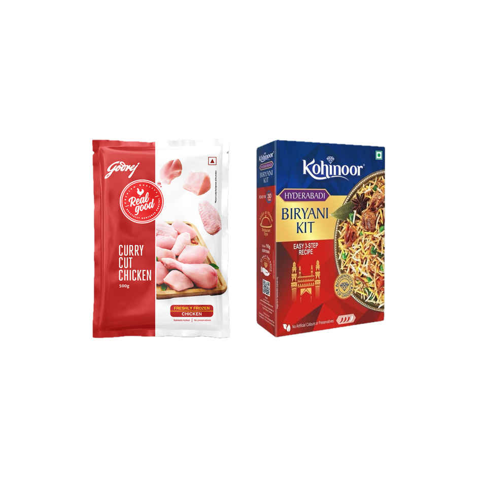 Godrej Chicken Curry Cut (Freshly Frozen) (500g) & Kohinoor Ready To Cook Hyderabadi Biryani Kit (333g) Combo