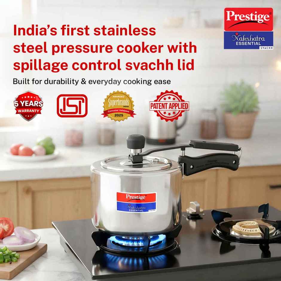 Prestige Nakshatra Essential Svachh SS Pressure Cooker 3L,Triply Base,Safety Plug,5Y Warranty,Silver