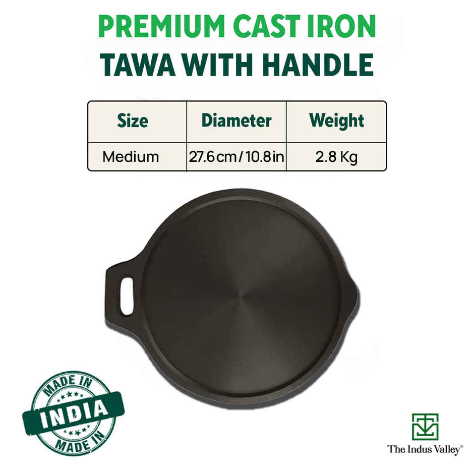 The Indus Valley Super Smooth Cast Iron Tawa for Dosa/Chapathi | 27.6cm/10.8 inch