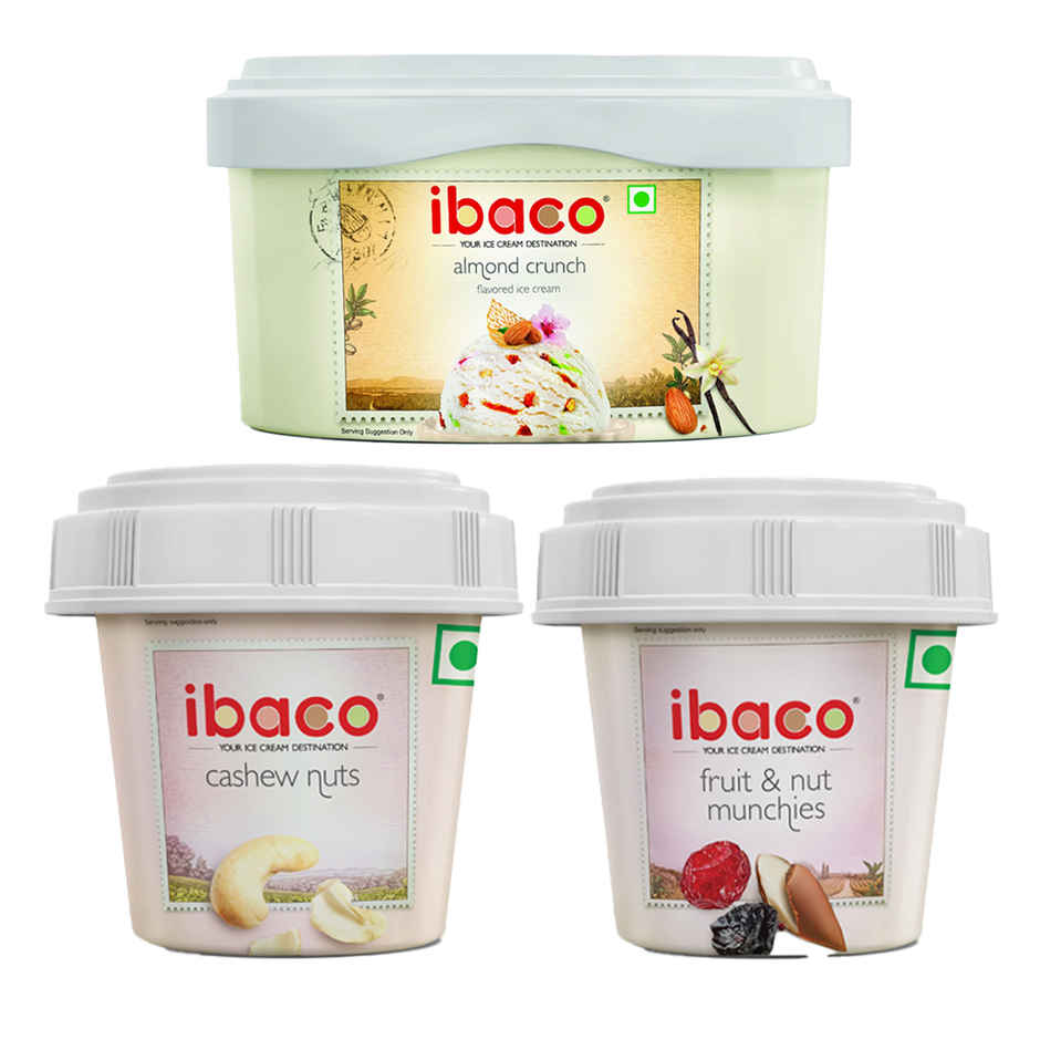 Ibaco Almond Crunch Icecream Tub (500ml) & Ibaco Toppings Fruit & Nut Munchies (30g) & Ibaco Toppings Roasted Cashew (30g) Combo