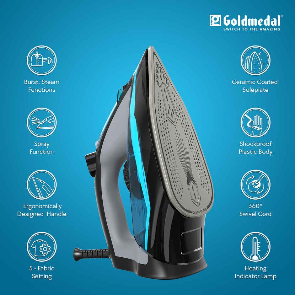Goldmedal Brio 2200W Steam Iron, 5 Fabric Setting, Indicator Lamp for Heating | Blue & Black