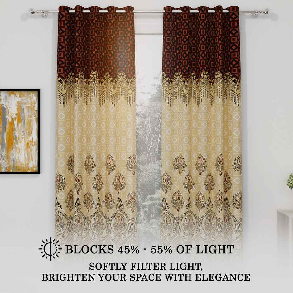 Story@Home 200 GSM Polyester Ethnic 2 Piece Window Curtain | Dark Brown & Ivory