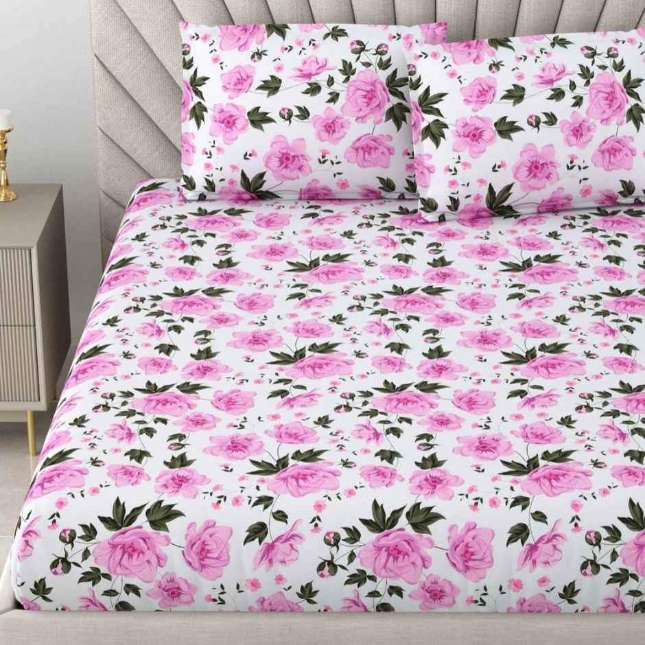 Bombay Dyeing Epigram 120 TC 100% Cotton Floral Pink Super King Size Bedsheet with 2 Pillow Covers