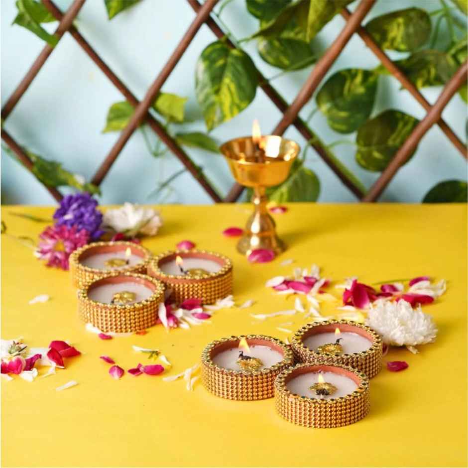 Golden Lace Katori Wax Diya | Designer Wax Diya | Pack Of 6 | Clay | DiaCraft