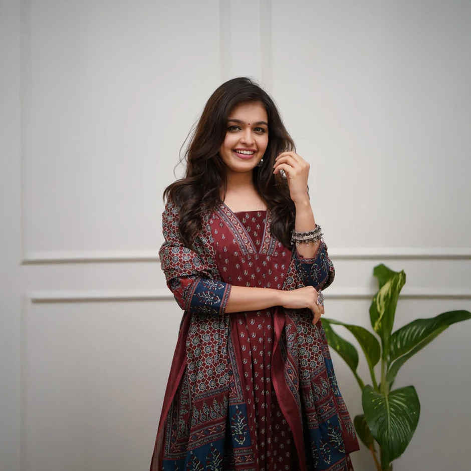 GoSriKi Women's Viscose Rayon Anarkali Printed Kurta with Pant & Dupatta | NAKULA | Wine - XL