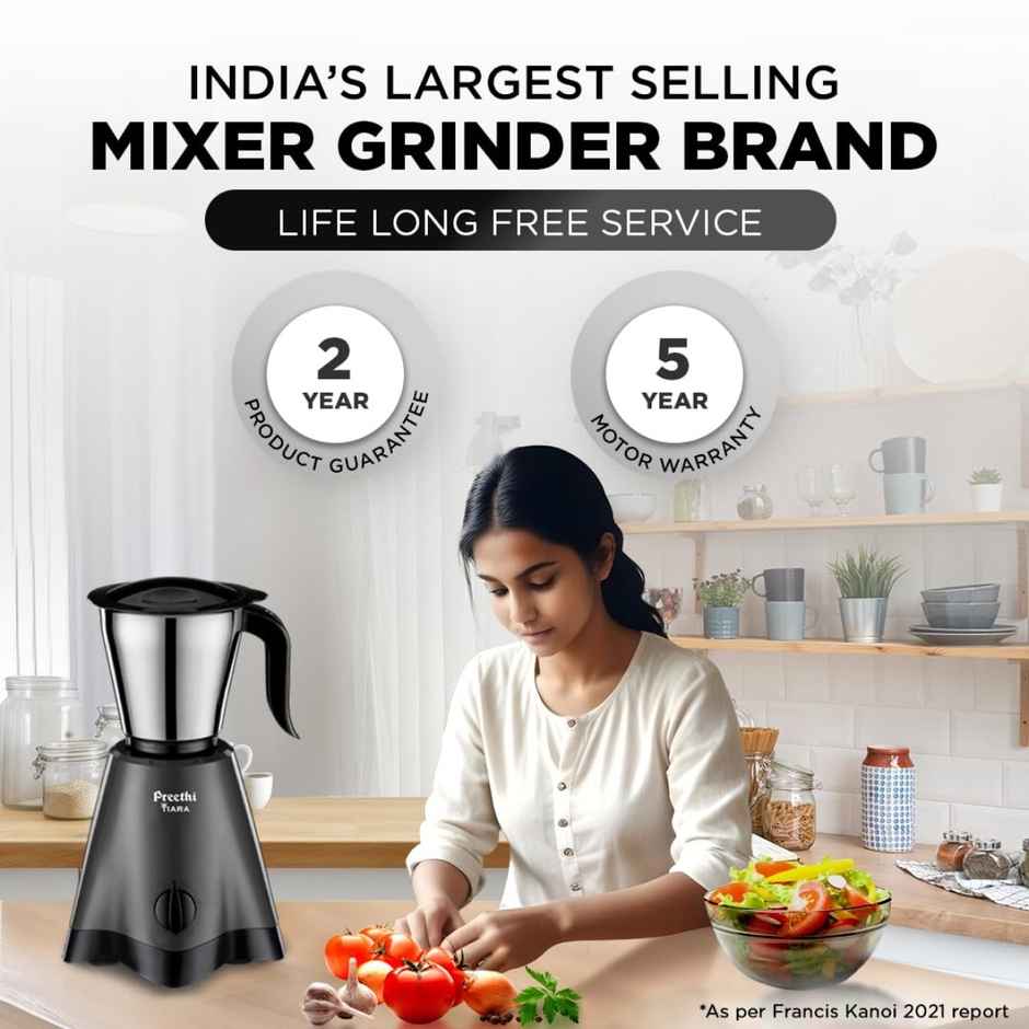 Preethi Tiara Mixer Grinder For Kitchen | 500 Watt Mixie | 3 Jars - Black & Grey