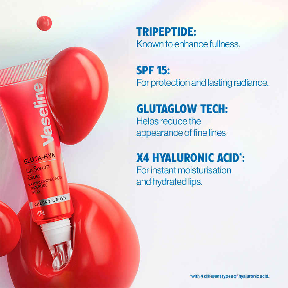 Vaseline Gluta-Hya Cherry Crush Lip Serum Gloss | 4X Hyaluronic Acid & Tripeptide | SPF 15