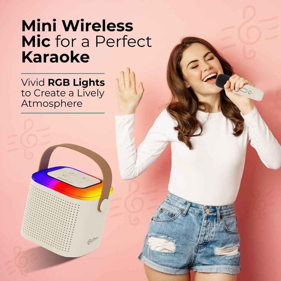 Fusion Tunes Bluetooth Speaker | 10W Output | Wireless Karaoke Mic | RGB Lights | 8 Hrs Playtime | Cream