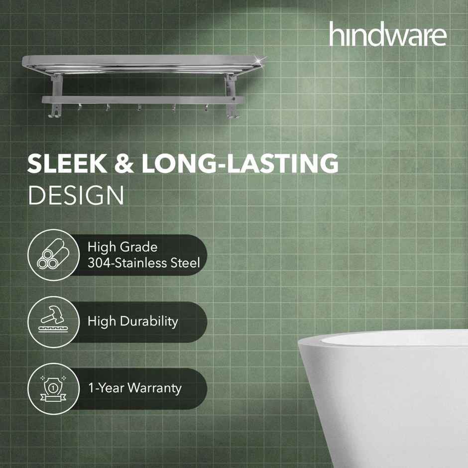 Hindware Stainless Steel Folding Towel Rack And Shelf For Bathroom| With Chrome Finish