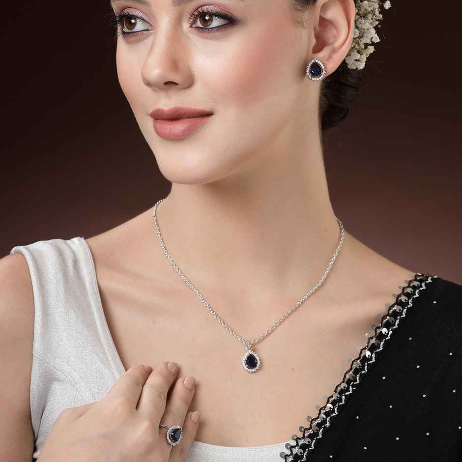 Zeneme Rhodium-Plated Blue American Diamond Necklace and Earrings With Ring For Women & Girls