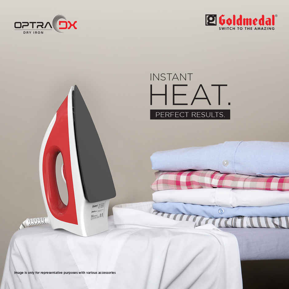 Goldmedal Optra DX 1000W Dry Iron, Non stick Weilburger Premium Coated Soleplate | Red & White