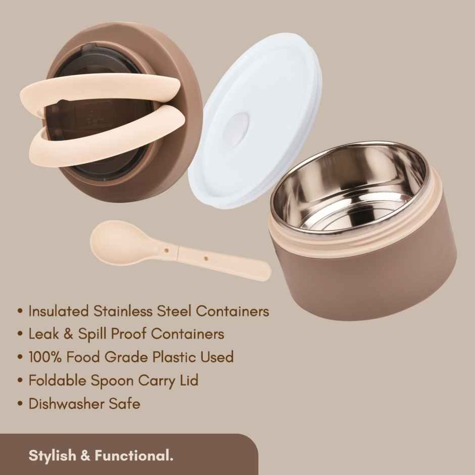 Flair Feast Lunch Box Set Beige Insulated Portable Container With Handle Attractive Spoon Carry Lid