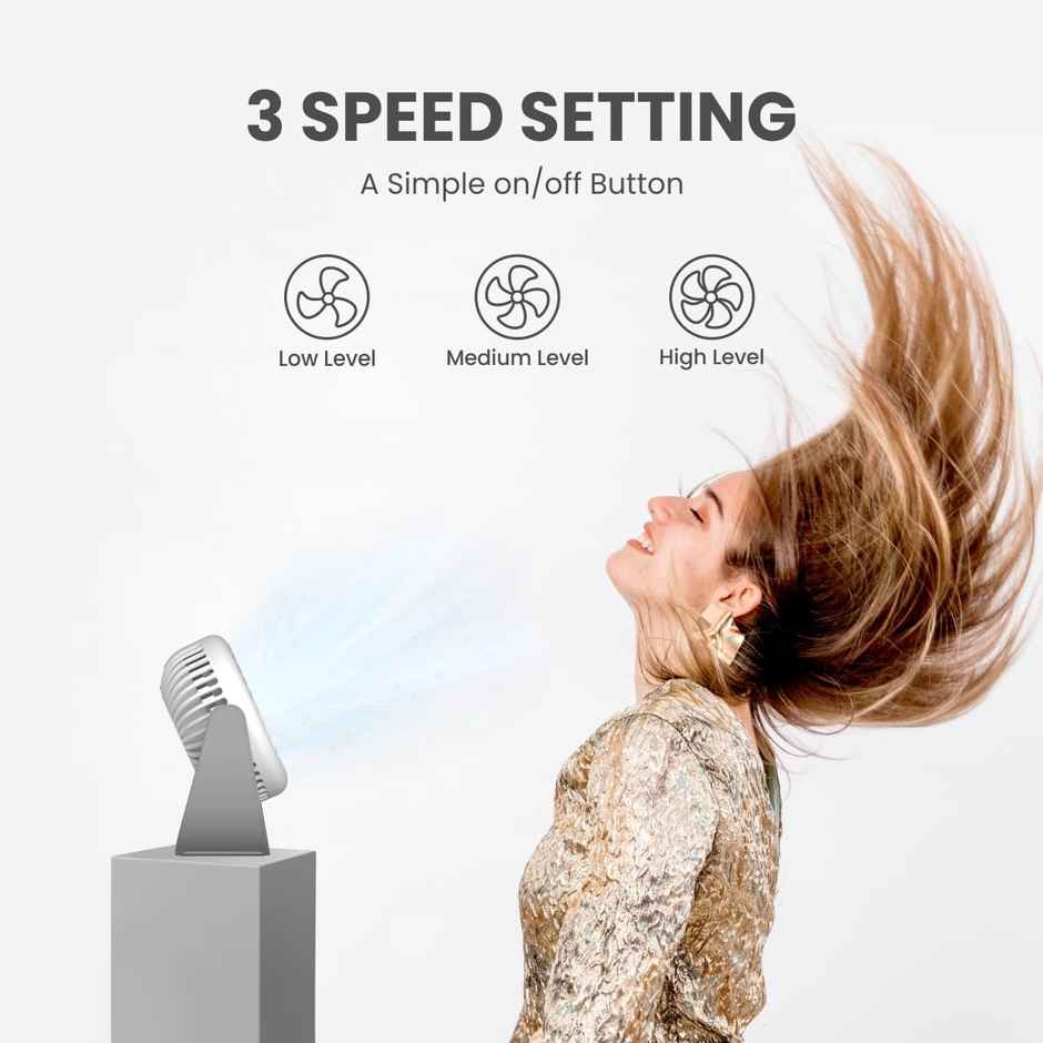 Portronics Toofan Mini USB Portable Fan, 60mm, 3 Blade BLDC Motor, with 2000 mAh Battery, White