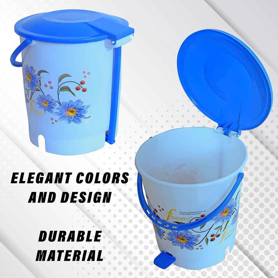 Kuber Industries Plastic 10 L Step-On Pedal Dustbin with Lid | Flower Print | Blue