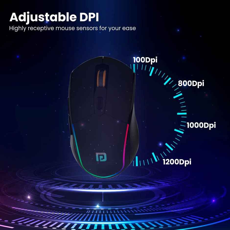 Portronics Toad One Bluetooth Mouse with 2.4 GHz & BT 5.3 Dual Wireless, 6 Buttons, Rechargeable, RGB Lights, Connect 3 Devices, Ergonomic Design for Laptop, Smartphone, Tablet - Black
