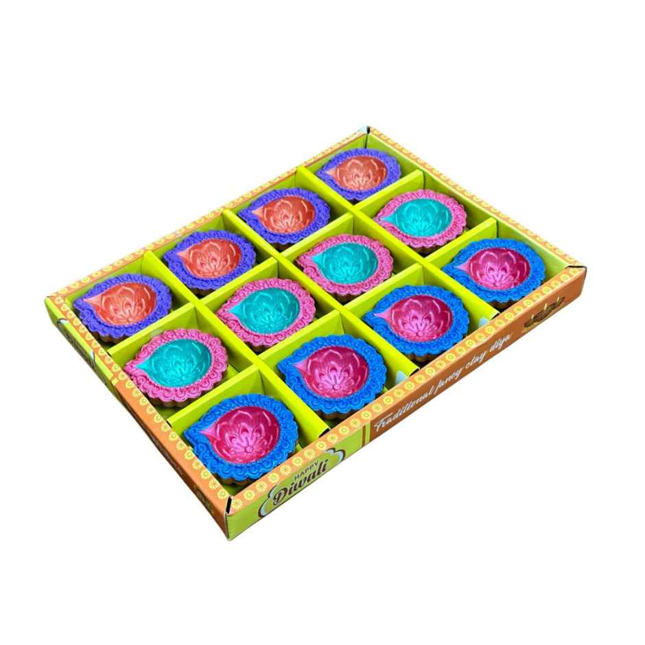 Multicolor Diya | Pack Of 12 | Designer Clay Diya | DiaCraft
