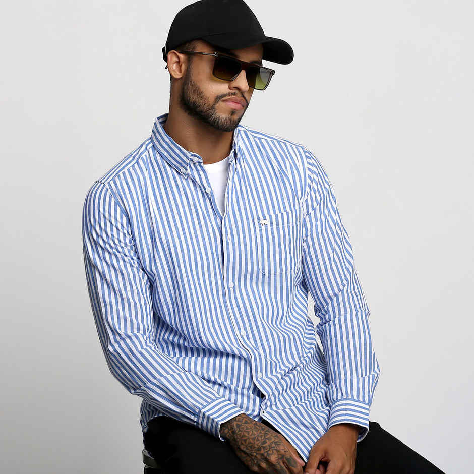 The Bear House Men Slim Fit Striped Casual Shirt - Anise | Blue | S