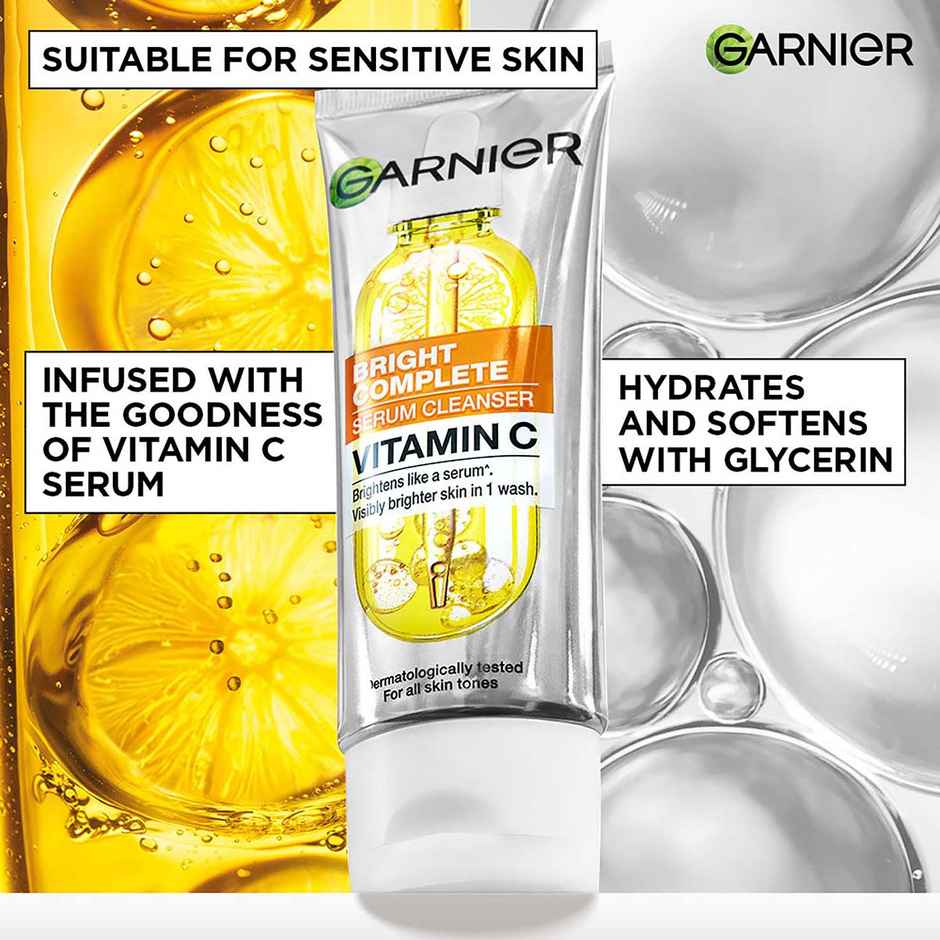 Garnier Bright Complete Serum Cleanser | Vit C Facewash for Visibly Brighter Skin in 1 Wash