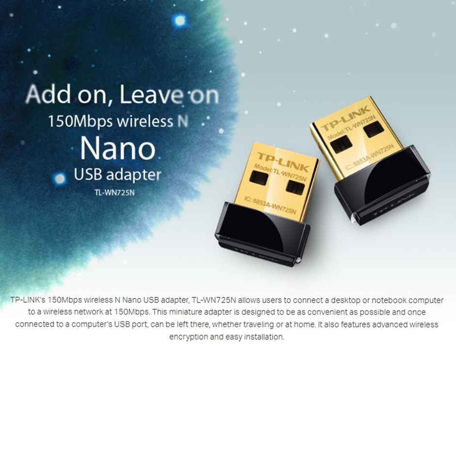 TP-Link TL-WN725N 150Mbps Wireless Network Nano USB Adapter for PC - Black