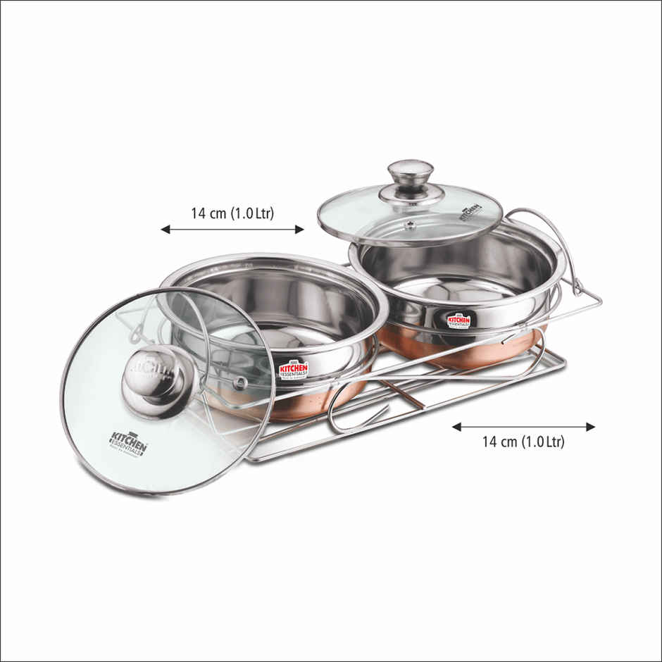 Kitchen Essentials Stainless Steel 2Pc Copper Handi Set With Glass Lid + Copper Stand (14Cm + 14Cm)