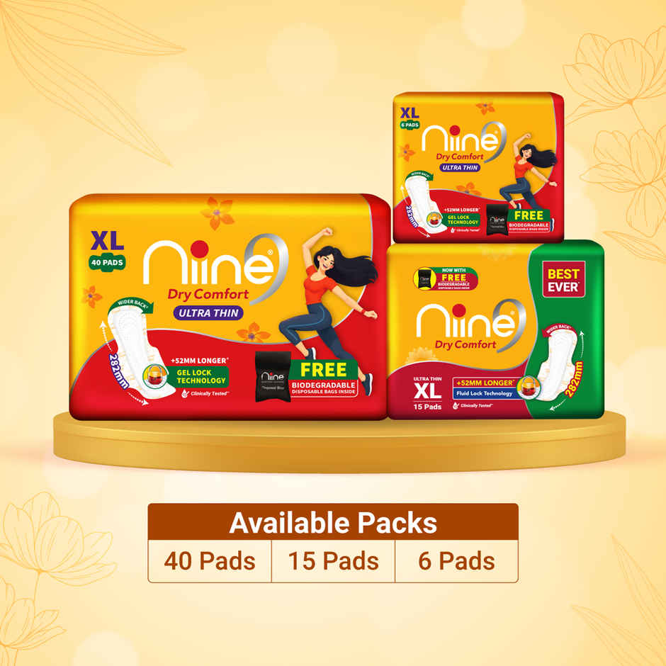 Niine Sanitary Napkins Ultra-Thin XL Dry Comfort | 282 mm | with Biodegradable Bags | 15 Pads