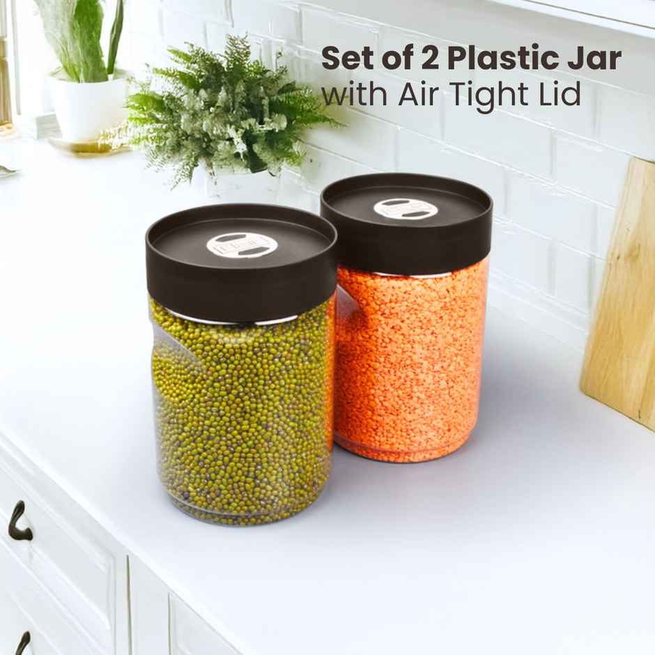 Flair Plastic Stackup Pet Jar Set Of 2 Pcs 2000 ml (Brown), Transparent