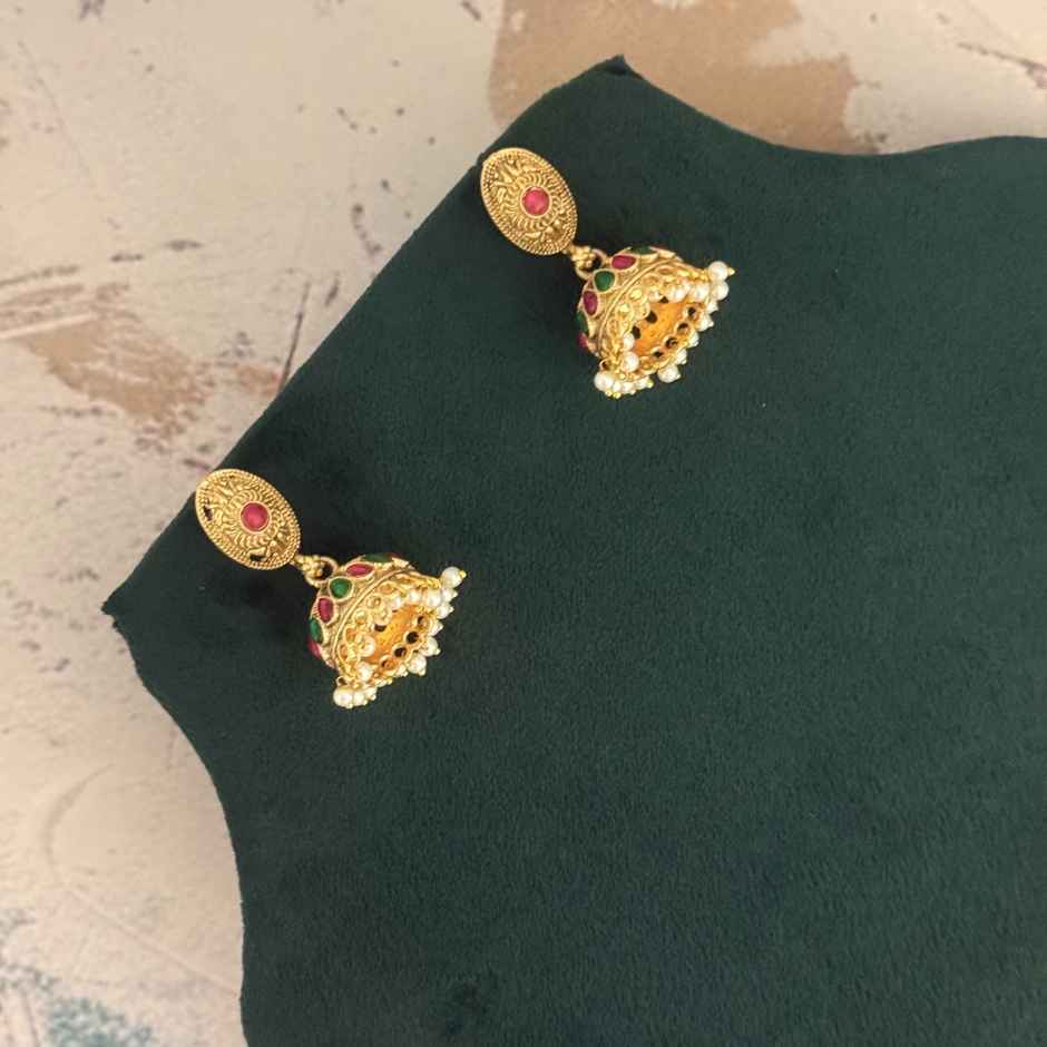 The Opal Factory Earrings Stone Studded Oval Golden Motif Jhumki Earrings with Pearl Hangings |Gold