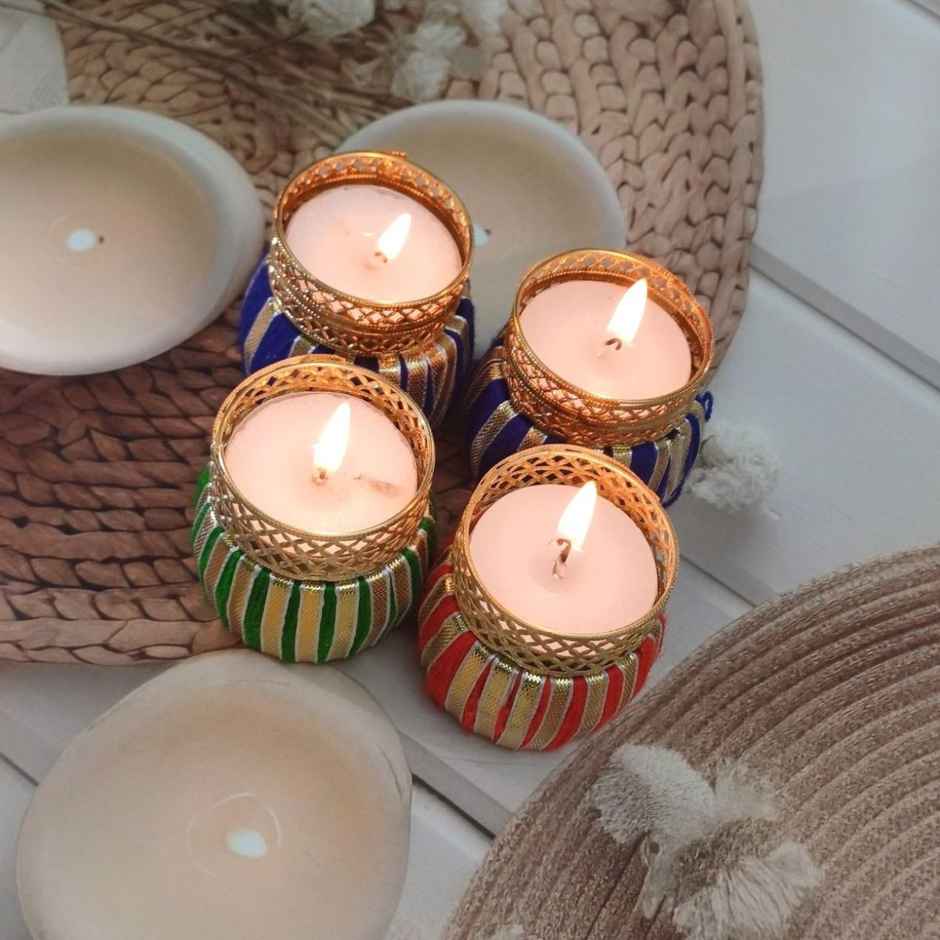 Gota Drum T Light Holders | Pack Of 4 | Glass and Metal | Assorted | Gullak