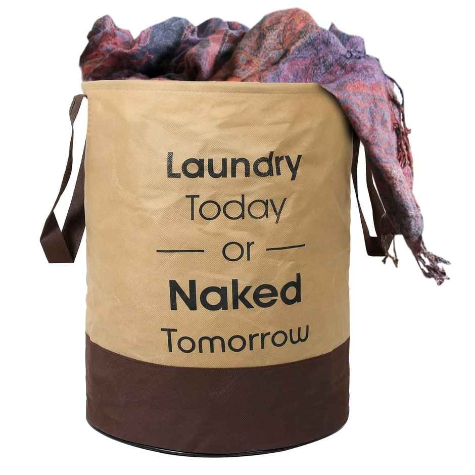 Kuber Industries Foldable Bin & 45 Liter Waterproof Round Non Wovan Laundry Bag (Beige & Brown)