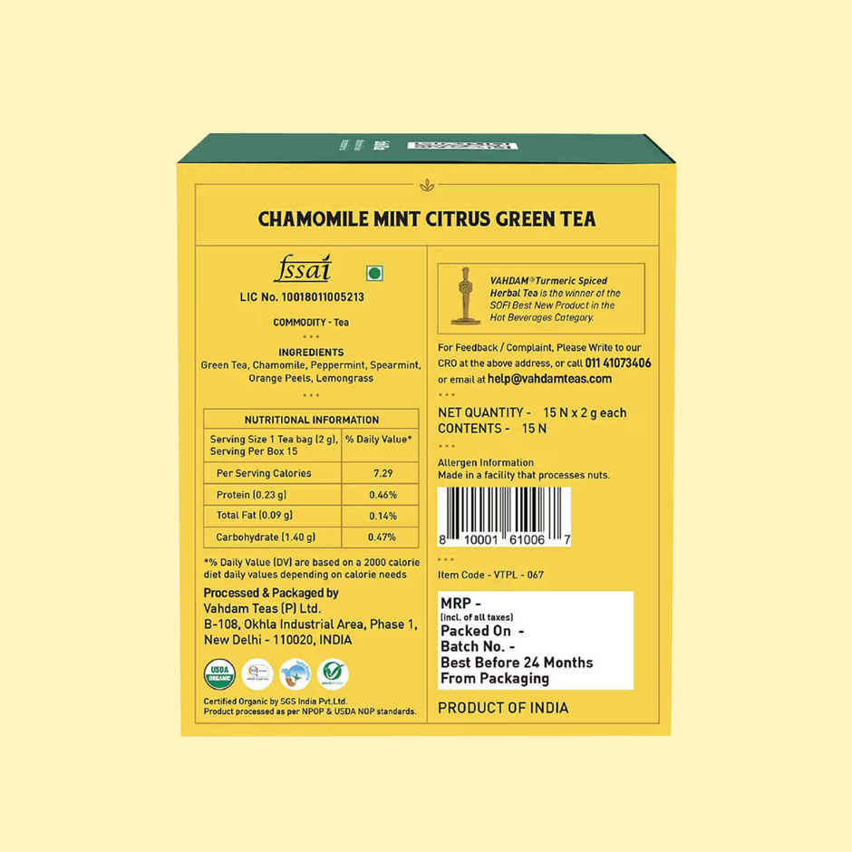 Vahdam Chamomile, Mint, And Citrus Organic Green Tea