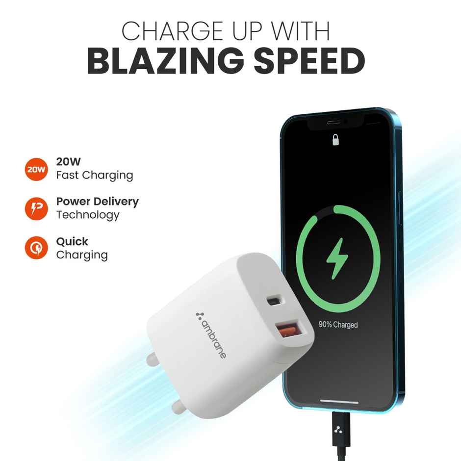 Ambrane 20W Dual Output Fast Charger/Adapter With Qc & Pd Technology For Iphone Android & Other Devices Multi-Layers Protection (Raap H11) - White
