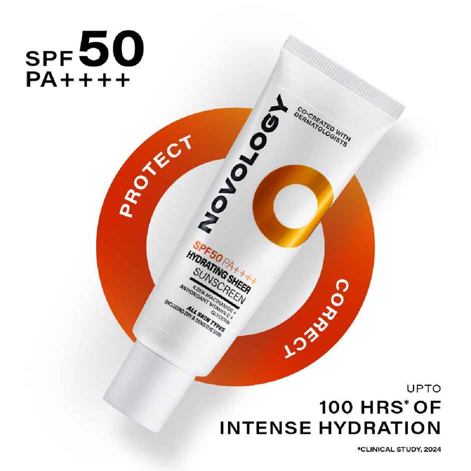 Novology Spf50 Pa ++++ Hydrating Sheer Sunscreen, 4.5% Niacinamide For Dry Skin, No White Cast