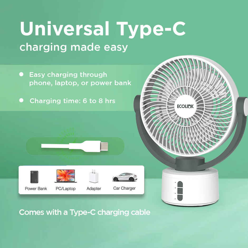 EcoLink Spin Smart Desk Fan (White Grey) | USB Rechargeable