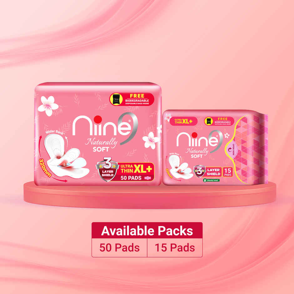 Niine Naturally Soft Ultra Thin XL+ Sanitary Pad | 320 mm and Wider Back | with Biodegradable Bags | 50 Pads