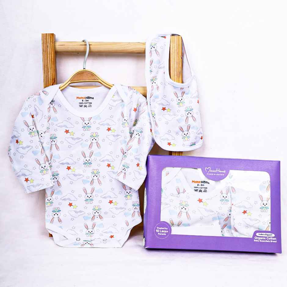 Moms Home Organic Cotton Baby Essentials Clothing | Gift Combo | 0-3 Months | 5 Items | Rabbit