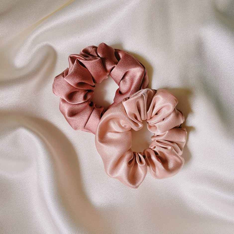 Mueras Silk Satin Hair Ties Scrunchies in Rosegold and Dark Pink - Pack of 2